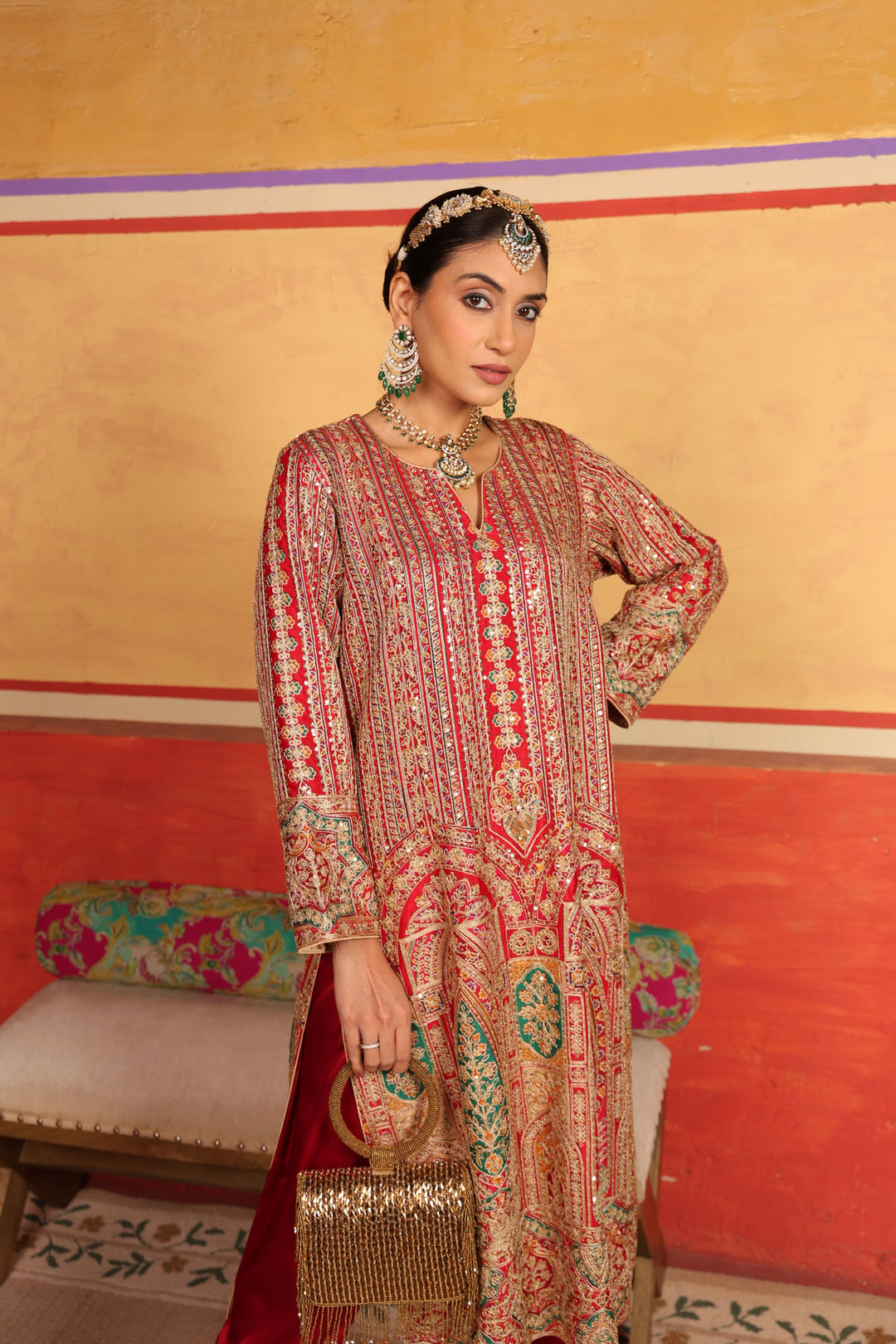 Elizey Paisley Kurta Set with Plain Pant - Red