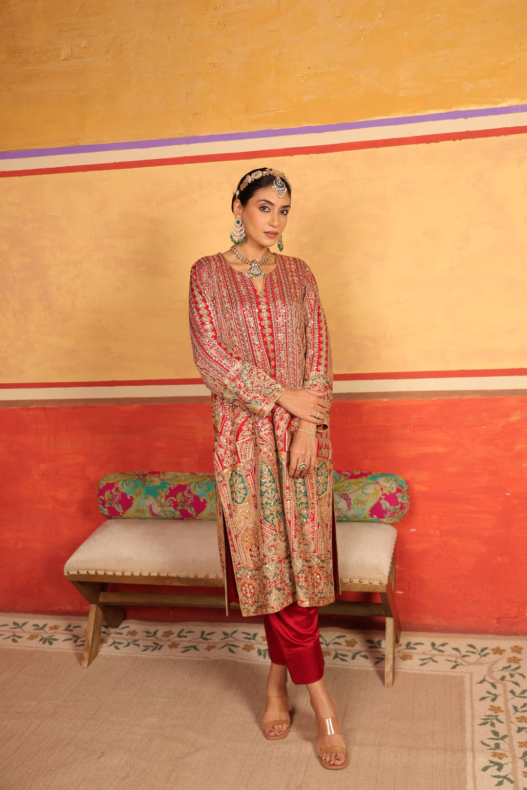 Elizey Paisley Kurta Set with Plain Pant - Red