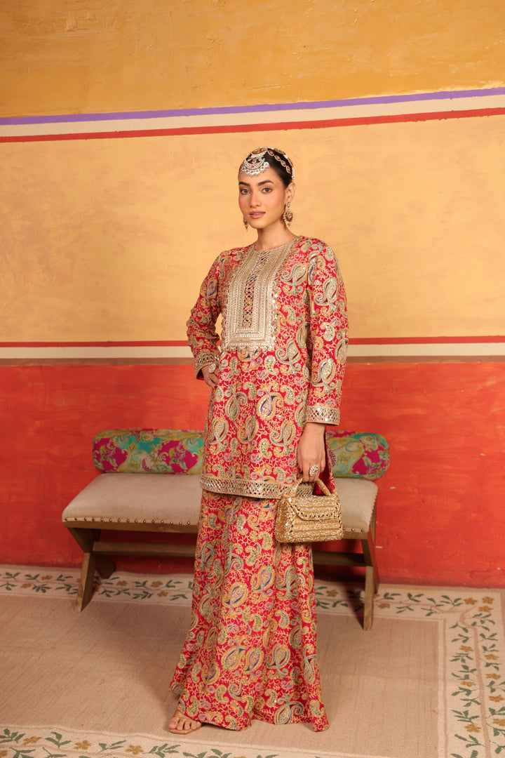 Elizey Paisley Embroidered Sharara Set -  Tomato Red
