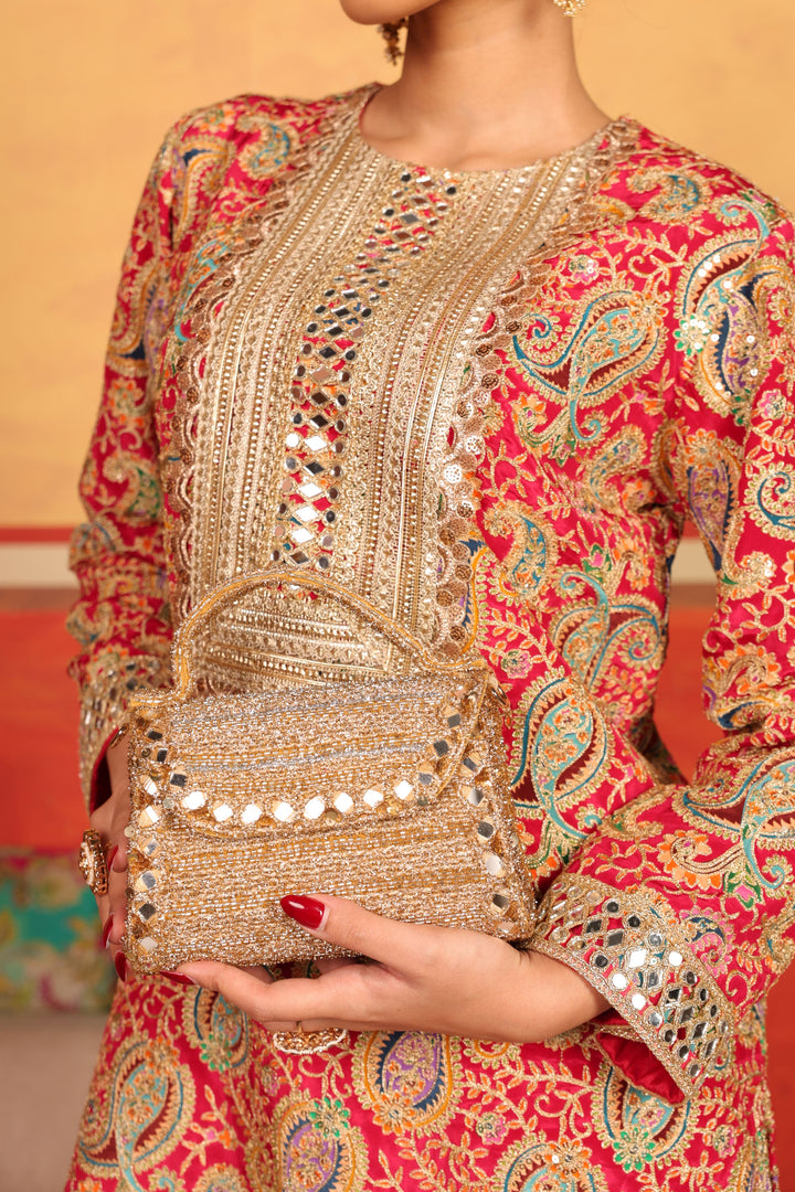 Elizey Paisley Embroidered Sharara Set -  Tomato Red