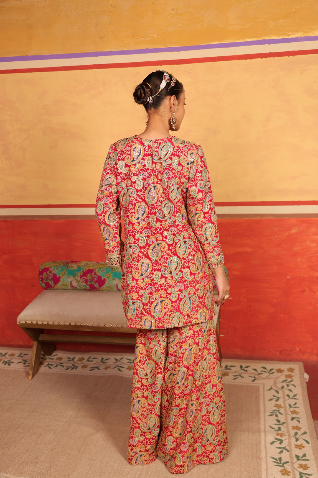 Elizey Paisley Embroidered Sharara Set -  Tomato Red