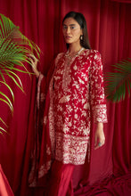 Load image into Gallery viewer, Reyna Gara Glazed Kurta With Pleated Pants and Dupatta- Red