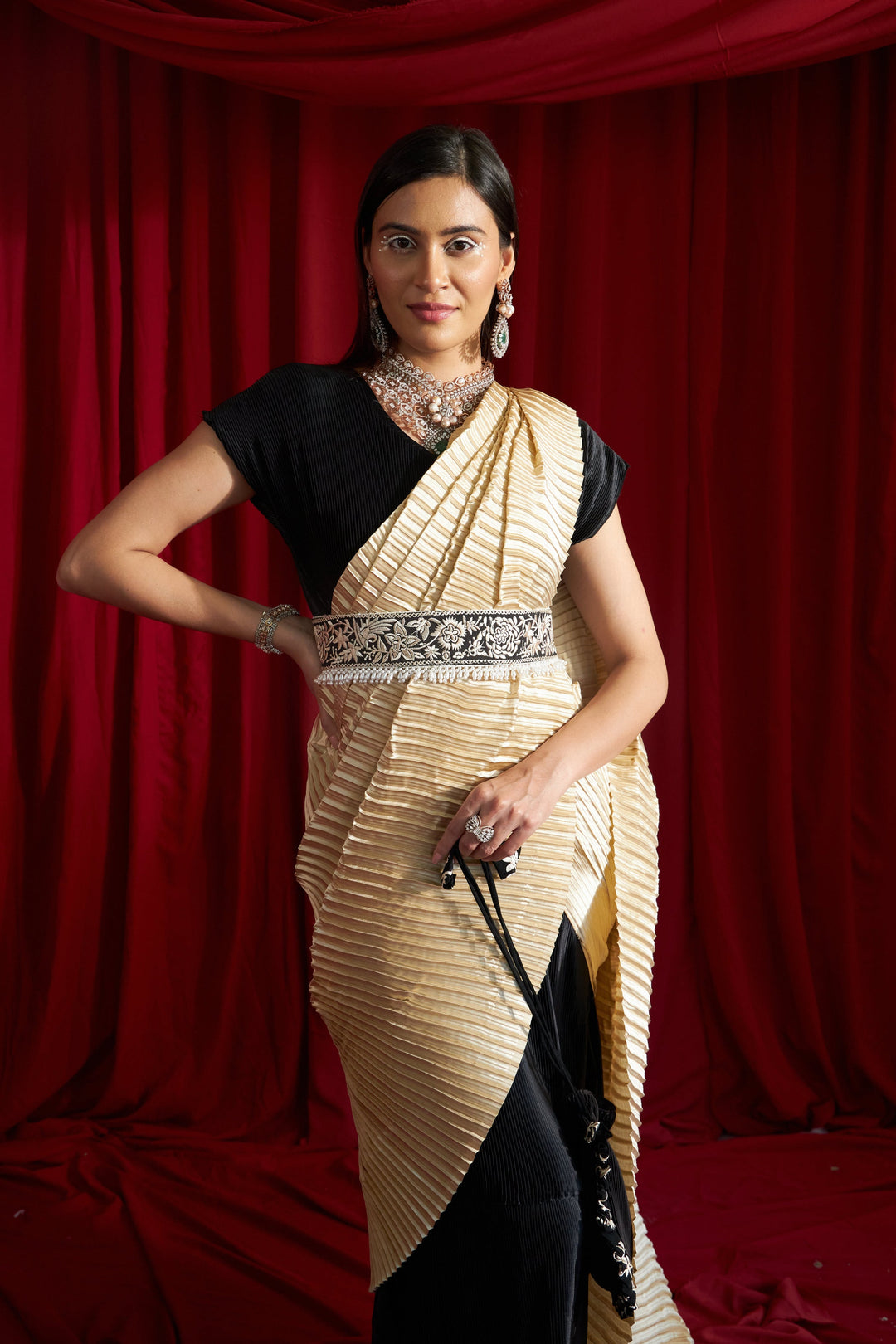 Reyna Glazed Classy Pleated Color Block Gown Saree with Gara Belt - Black & Nude