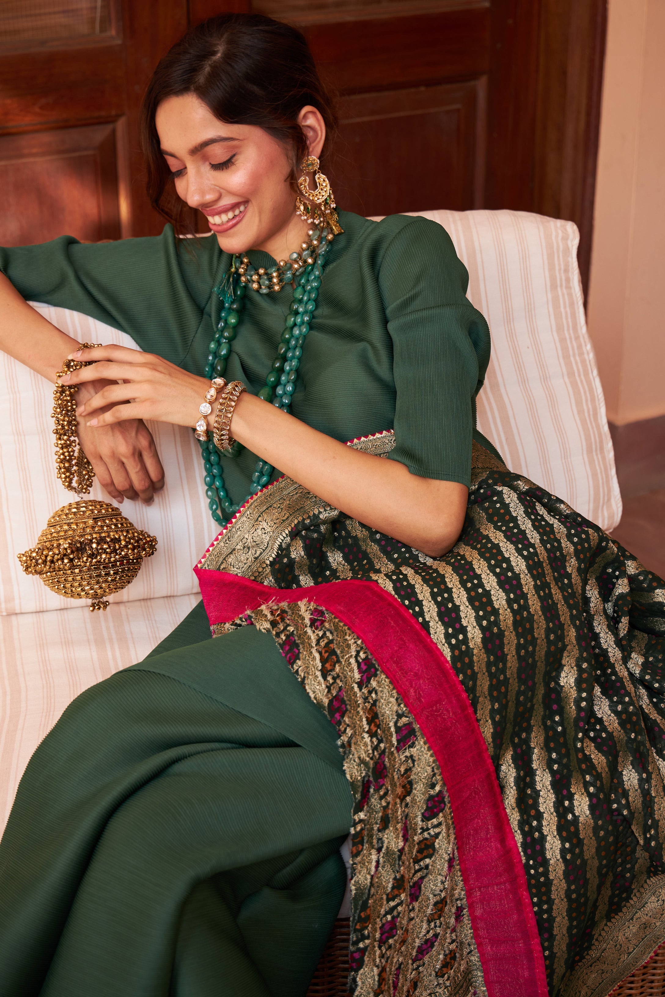 Myra Mandarin Kurta with Culotte Pants and Bandhani Chunni - Emerald Green