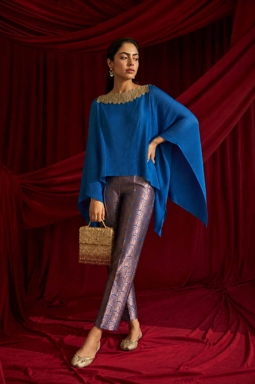 DIVINE EMBROIDERED CAPE SET WITH COLOURFUL BROCADE PANTS - BLUE