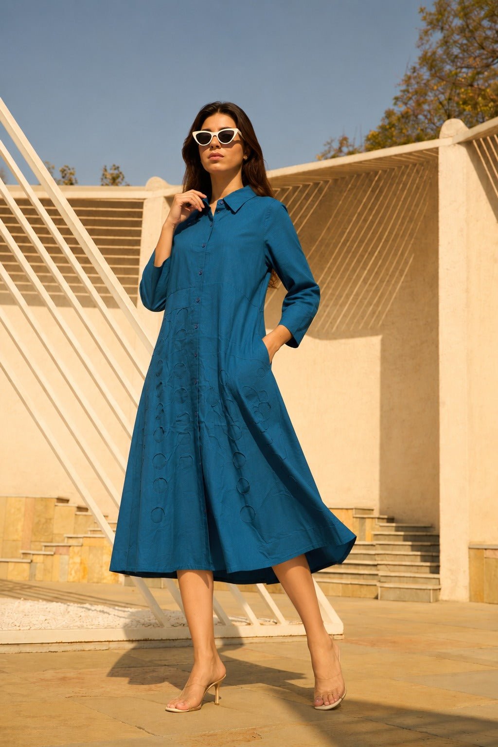 Cameron Cotton Laser Cut Shirt Dress - Blue