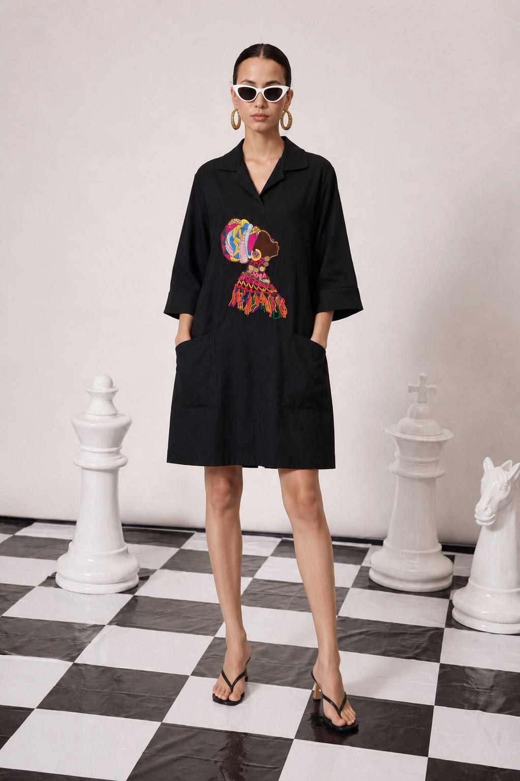 CAMERON COTTON PATCHWORK DRESS - BLACK