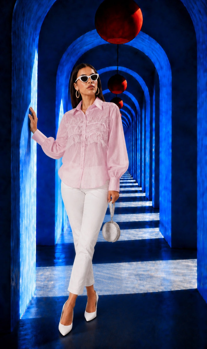 ORGANZA FEATHER TRIM SHIRT BLUSH -PINK