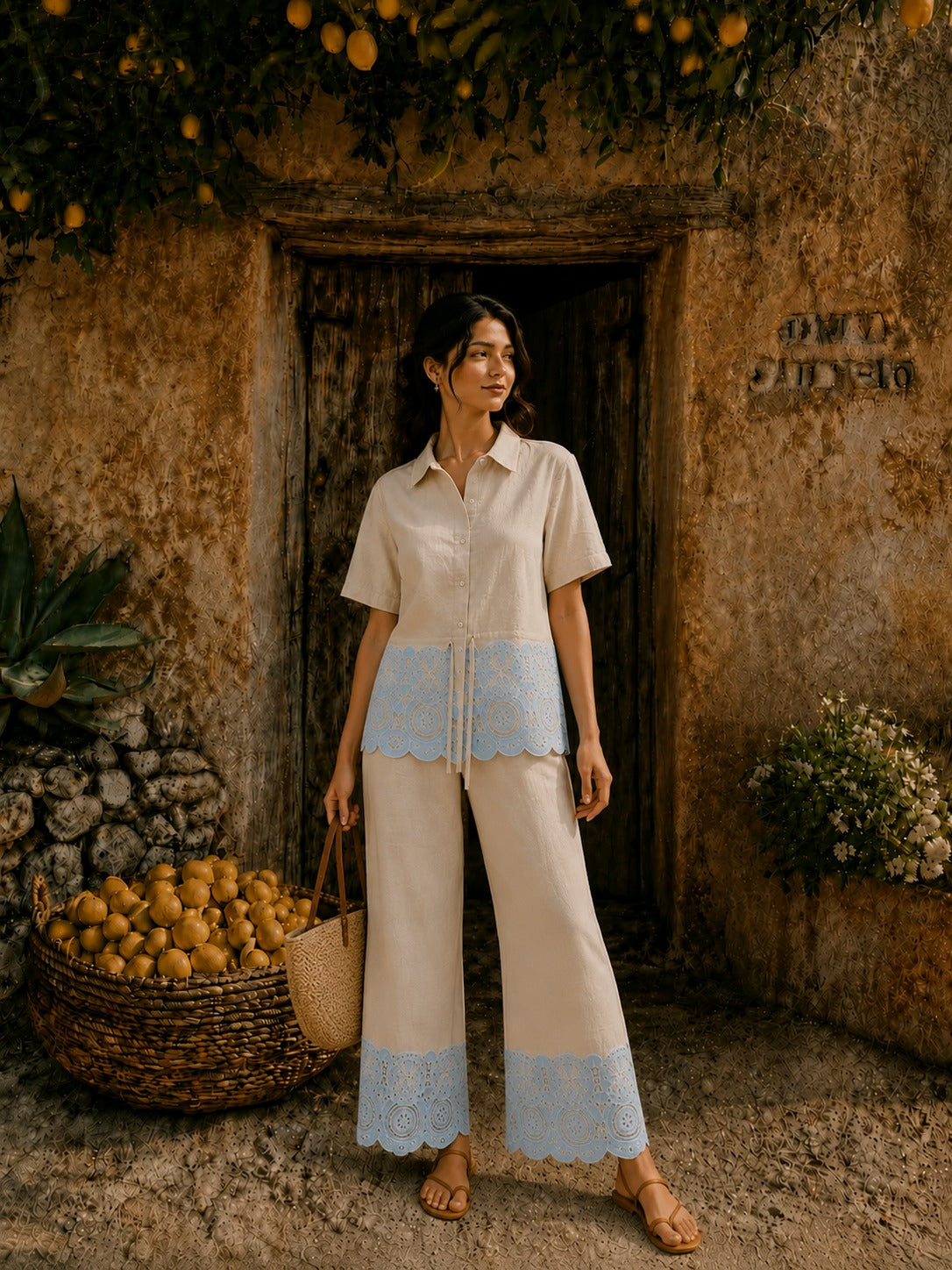 Cameron Cotton Cutwork Coord Set - Beige and Blue