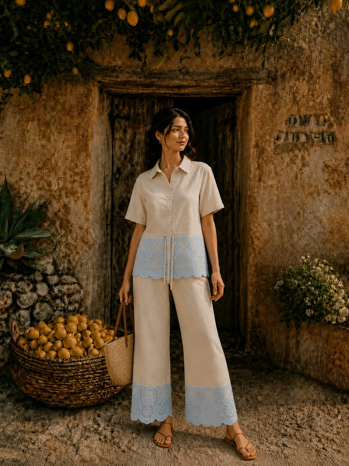 Cameron Cotton Cutwork Coord Set - Beige and Blue