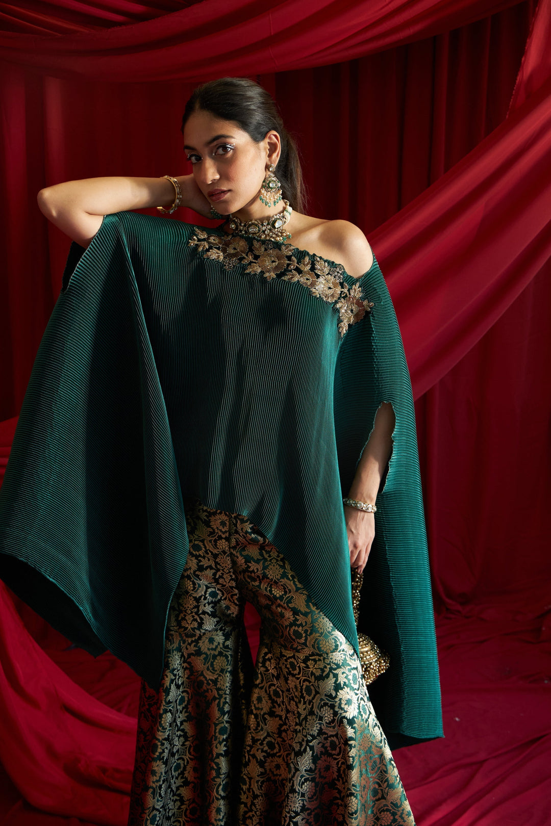 Divine Embroidered Cape with Brocade Sharara Pants - Emerald Green