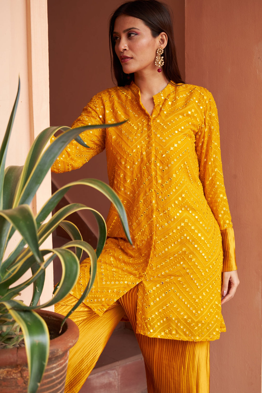 Myra Mirror Work Fragrant Tunic Set - Citrine