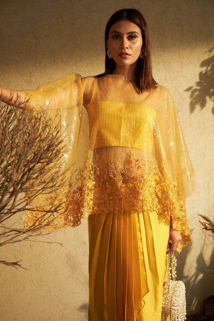 Sarah Sequins Cape with Organza Dhoti Skirt- Yellow