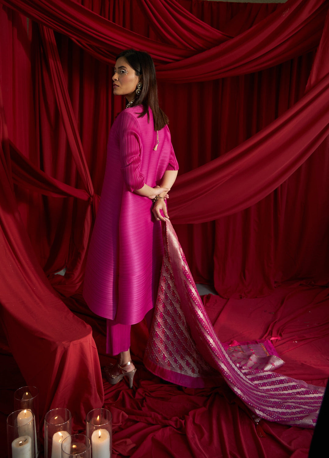 Siara Kurta with Plisse Straight Pants and Bandhani Chunni - Fushia