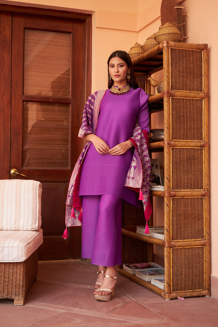 Myra Mandarin Kurta with Culotte Pants and Bandhani Chunni - Purple