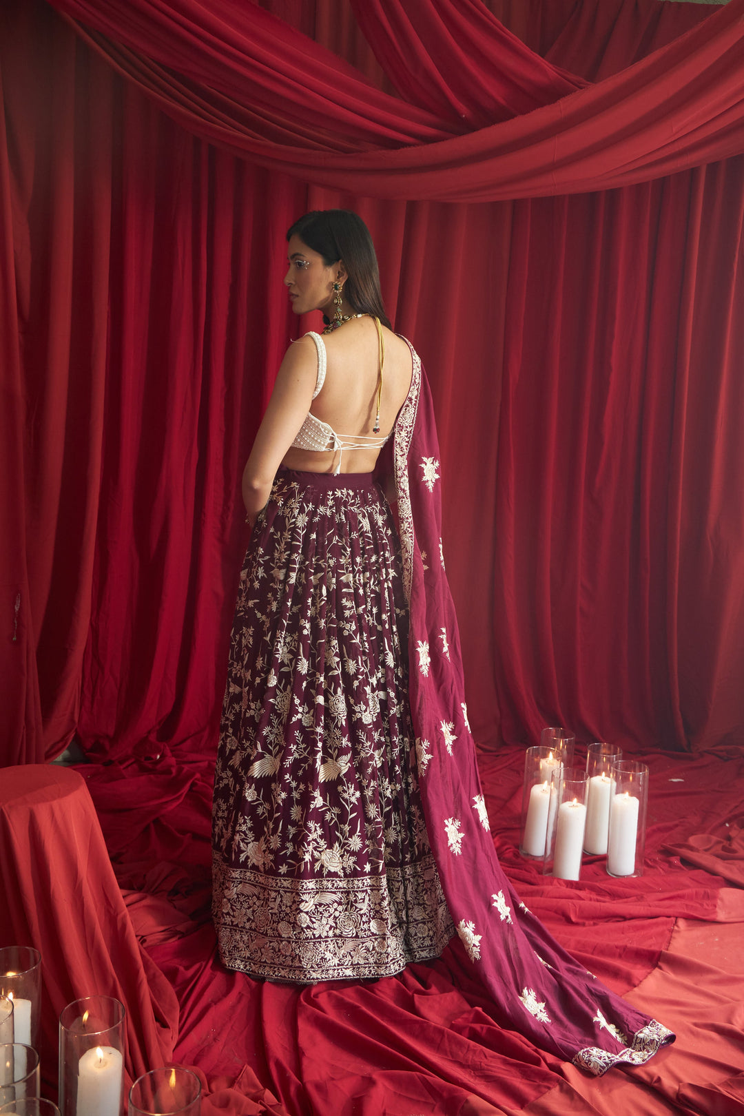 Reyna Gara Glazed Ghagra with Pearl Blouse and Dupatta- Wine