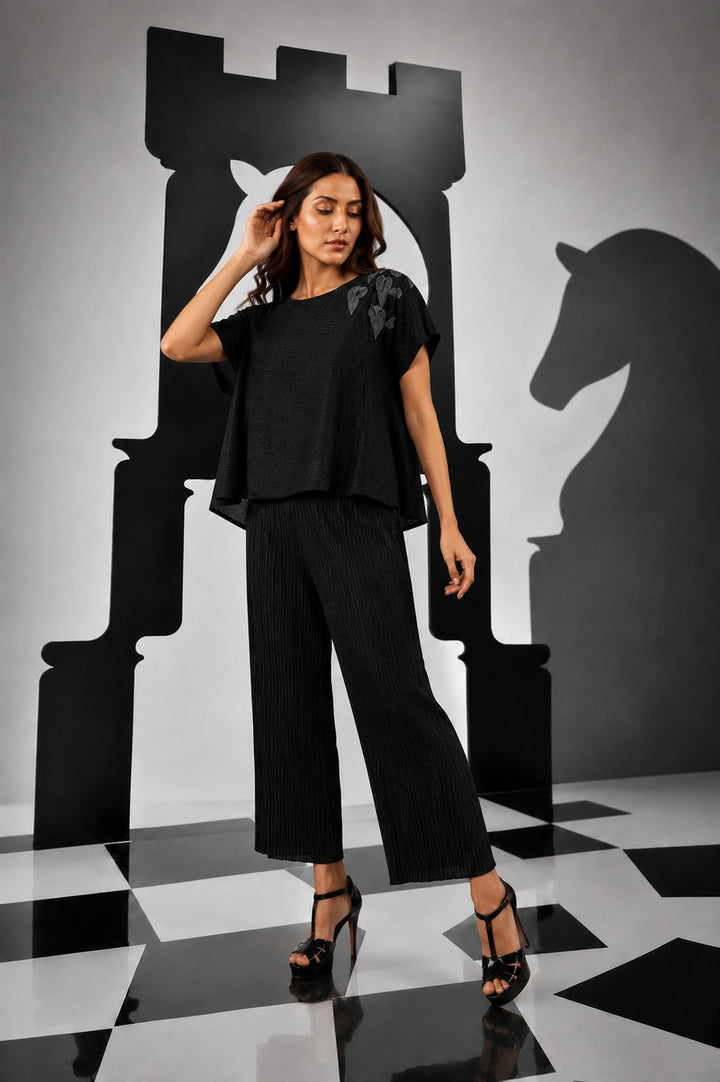 PLEATED CINCHED CO-ORD SET - BLACK