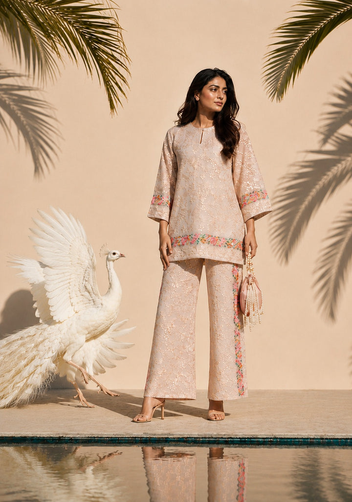 Reyna Gara Rose Dust Kurta with Slit Pant - Beige