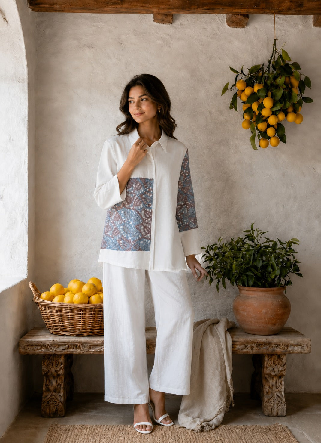 CAMELLIA CROTCHET SHIRT WITH PATCHWORK - WHITE & BLUE