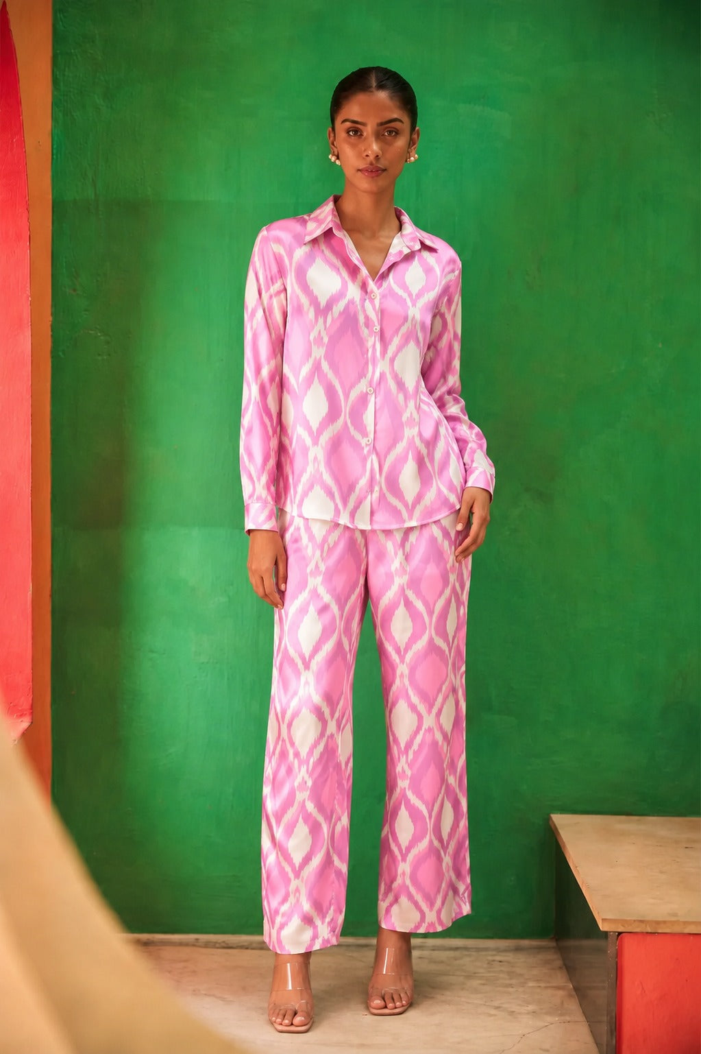 Siciley Satin Ikat Co-ord Set- Pink Plush