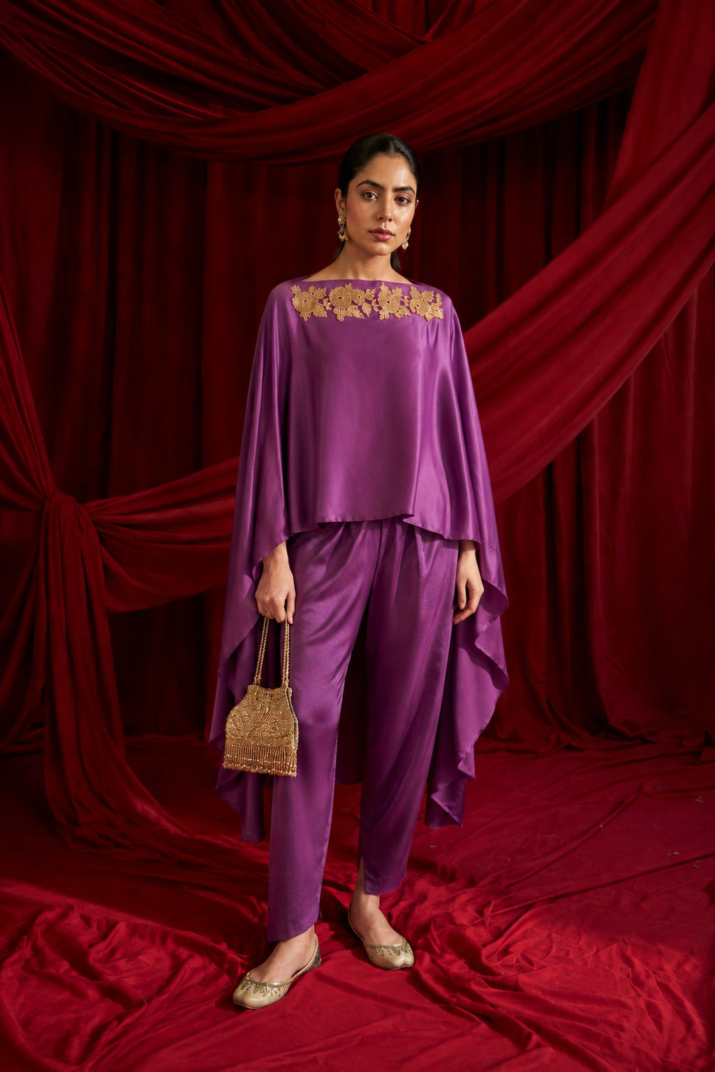 DIVINE EMBROIDERED CAPE CO-ORD SET -PURPLE