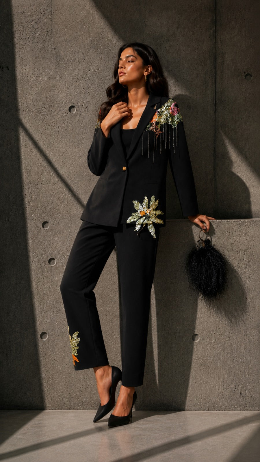 Bianca Floral Blazer with Sequins Top and Coordinated Pants - Black