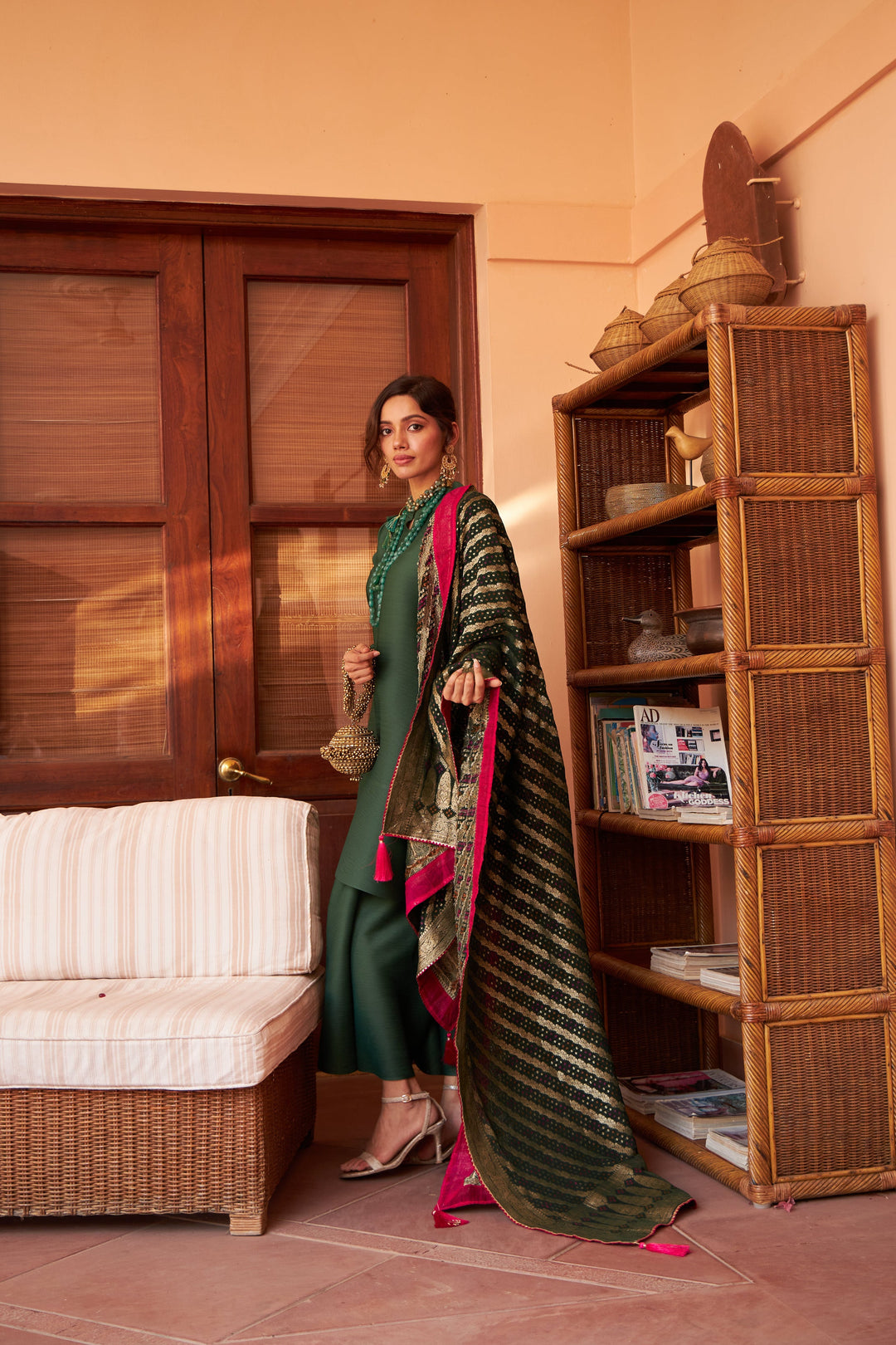 Myra Mandarin Kurta with Culotte Pants and Bandhani Chunni - Emerald Green