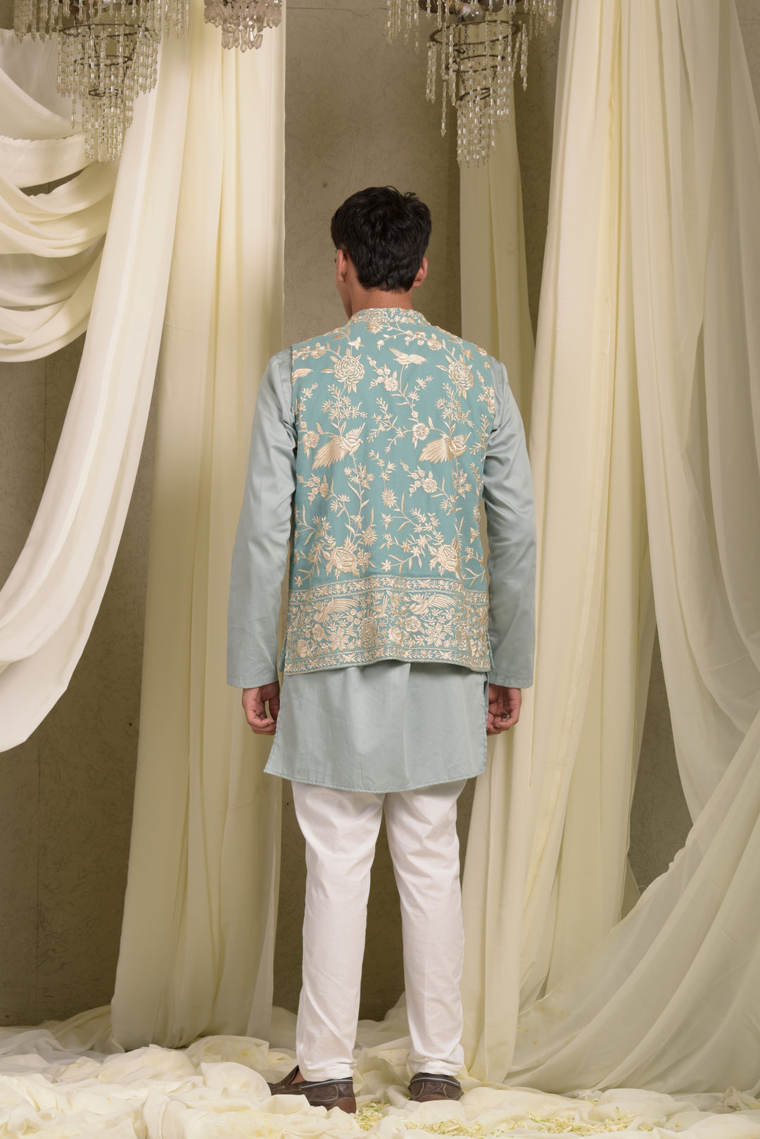 KURTA SET WITH GARA GLAZED JACKET - AQUA BLUE