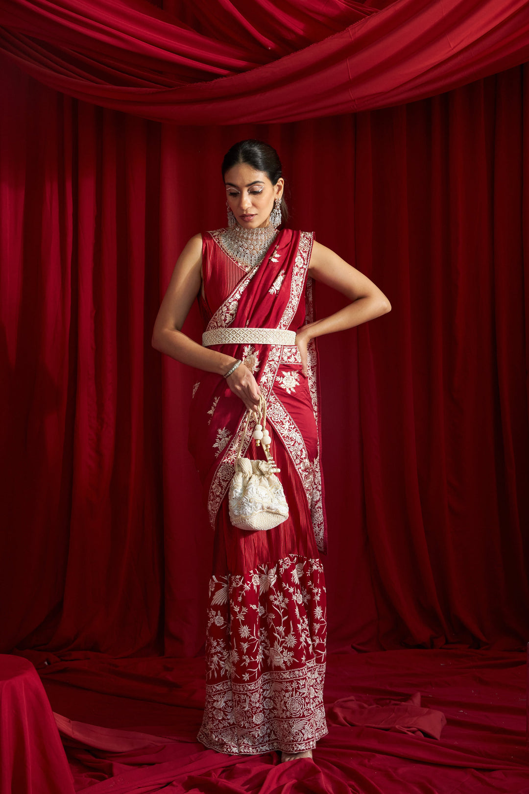 Reyna Glazed Classy Pleated Gown Saree with Gara Palla and Belt - Red