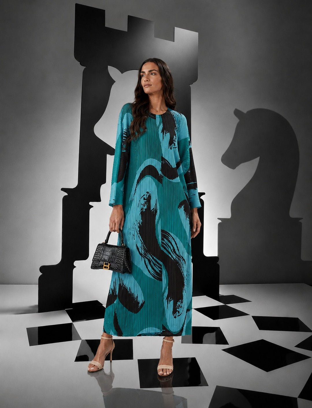 Wesley Voluminous Sleeve Plisse Dress - Abstract Green