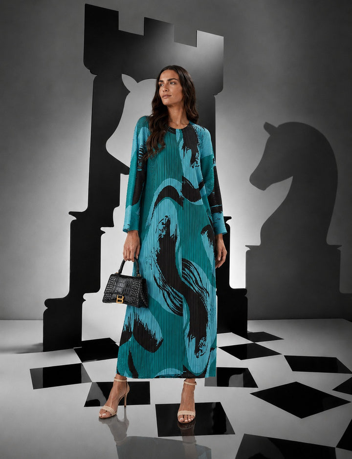 Wesley Voluminous Sleeve Plisse Dress - Abstract Green