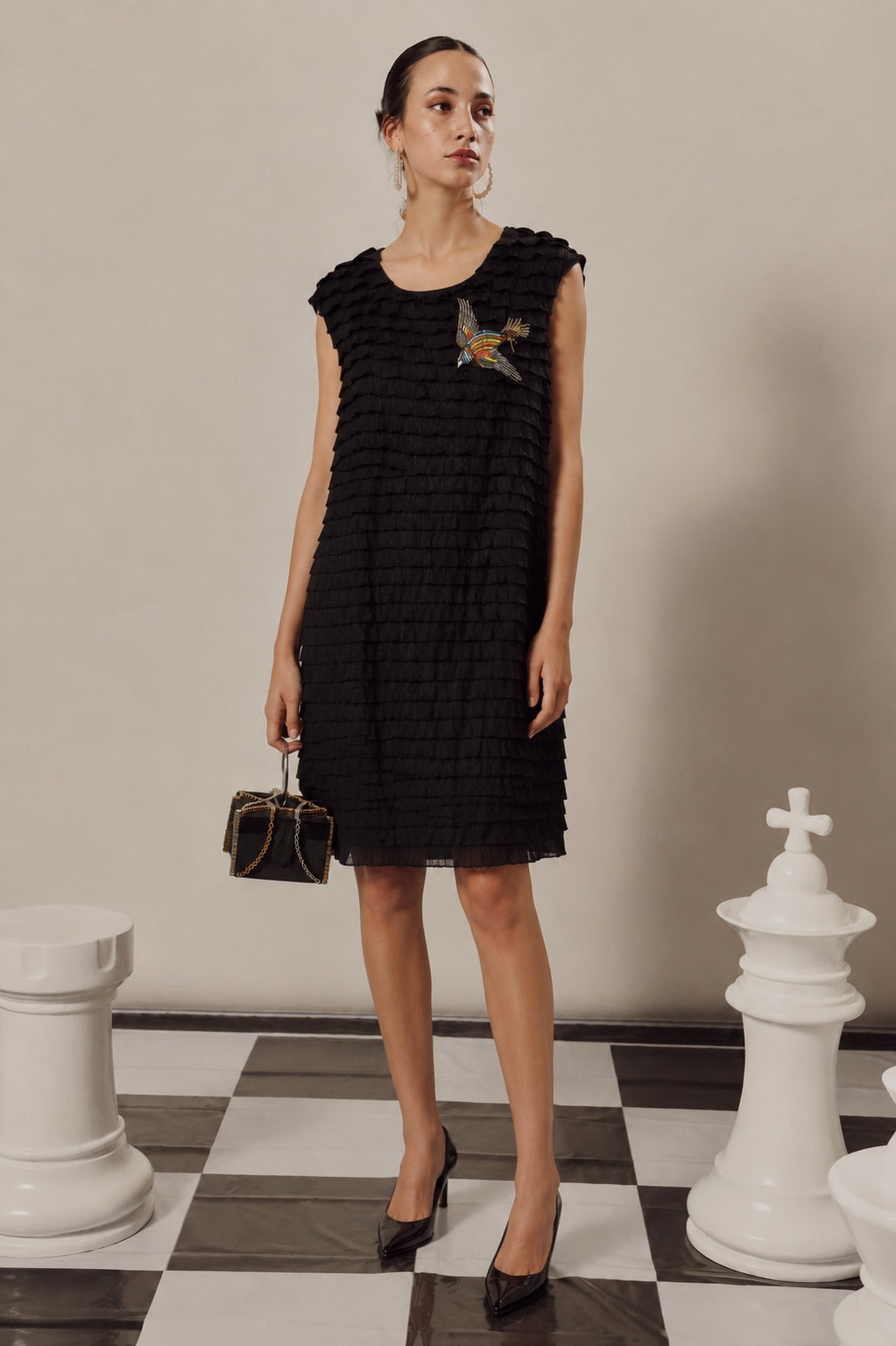 BLADE PLEATED BIRD DRESS - BLACK