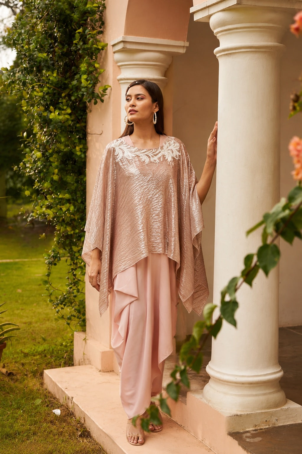 Slip Easy Dress with Metallic Cape - Peach