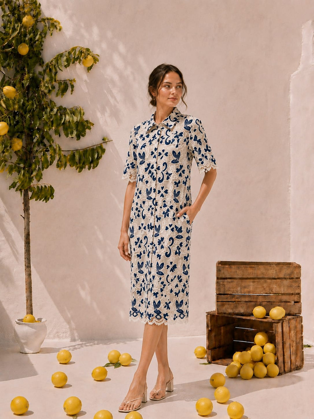 Myra Mesh Magnolia Midi Dress - Navy Blue