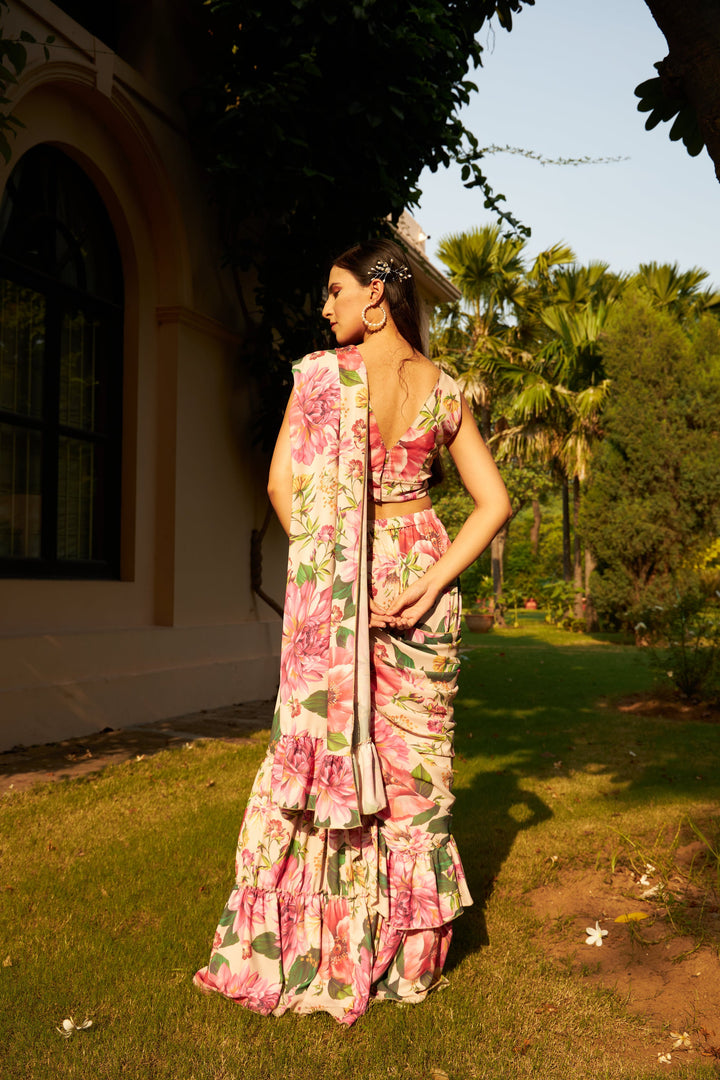 Floral Fantasy Tiered Ruffled Skirt Saree with Plunge Top - Pink Magic