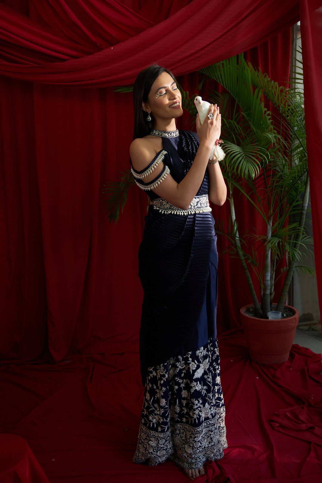 Reyna Gara Glazed Classy Pleated Gown Saree with Belt - Navy Blue