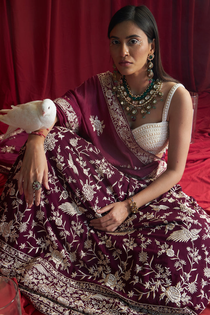 Reyna Gara Glazed Ghagra with Pearl Blouse and Dupatta- Wine