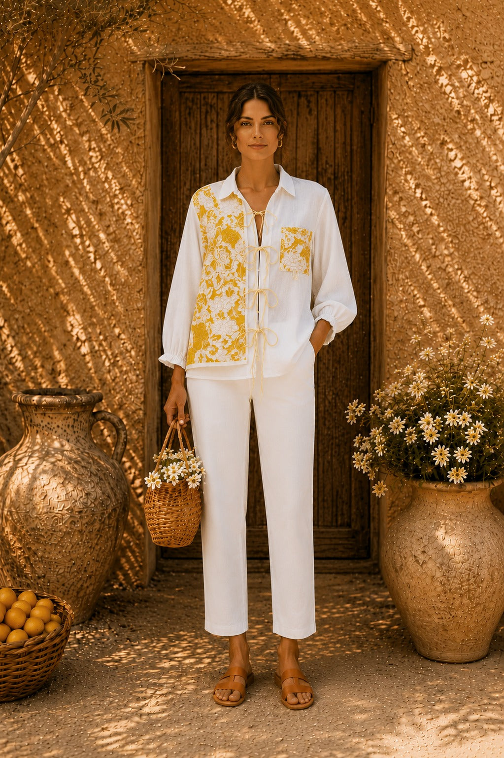 Camelia crotchet shirt with patch work - Ivory & Yellow