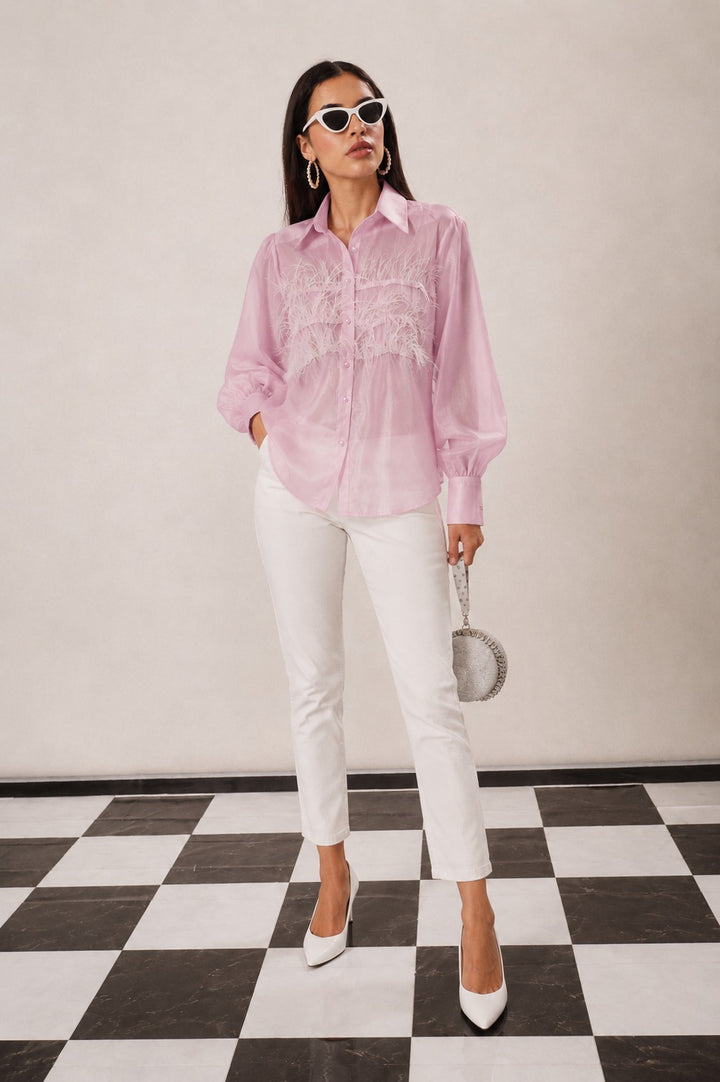 ORGANZA FEATHER TRIM SHIRT BLUSH -PINK