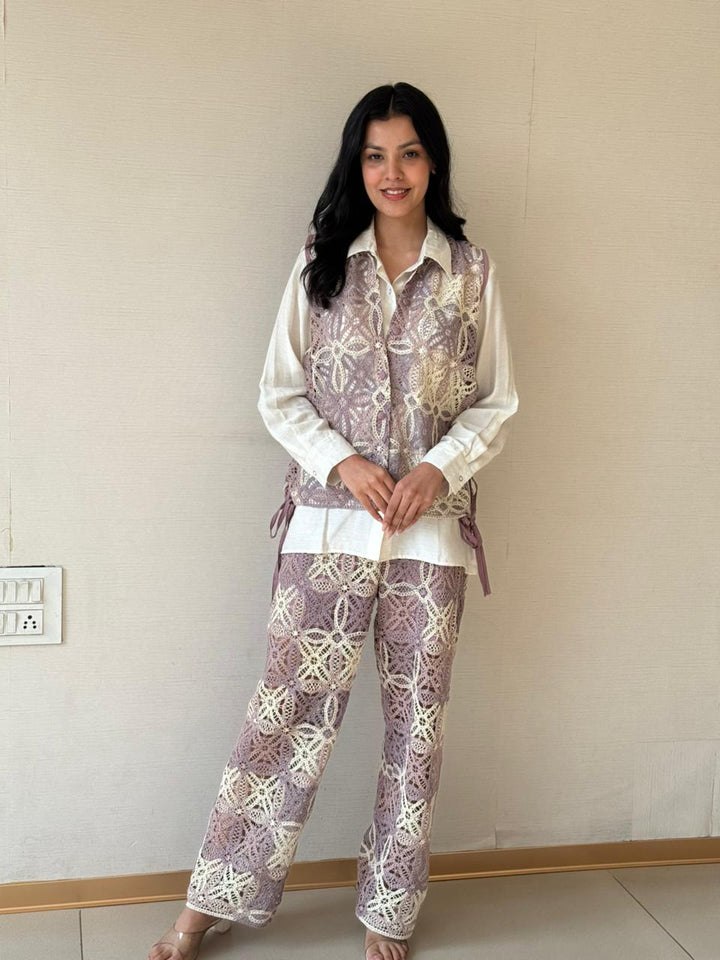 Camelia Crotchet Waist Coat Set - Purple