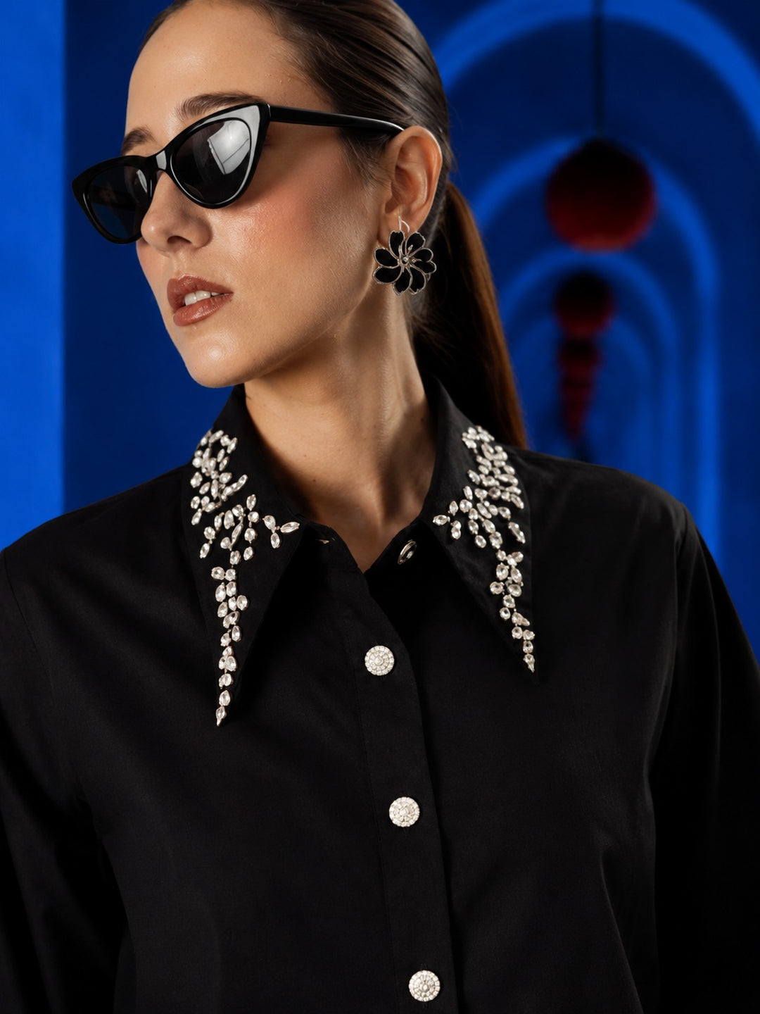 SIARA SWAROVSKI STUDDED SHIRT- BLACK