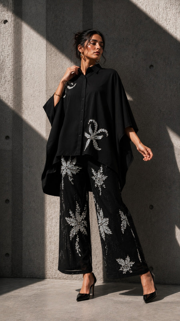 Bianca Borage Sequins Cape Set - Black