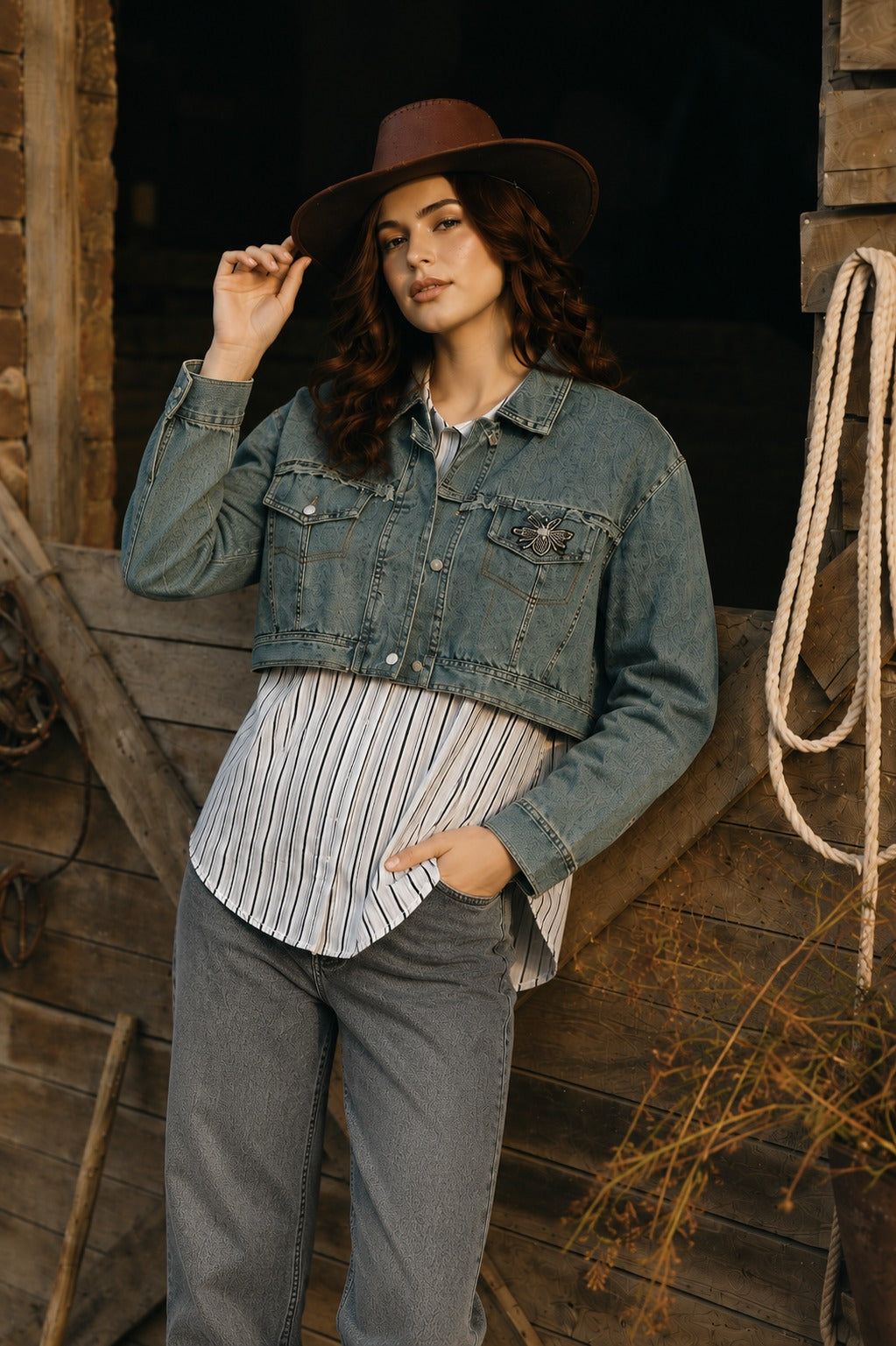 Daryl Striped Shirt with Denim Jacket - Black & White