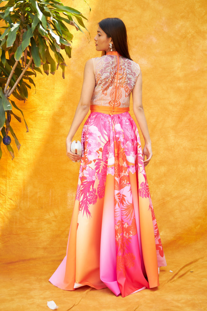 Digital Printed Ghagra with Embellished Blouse - Pink Orange