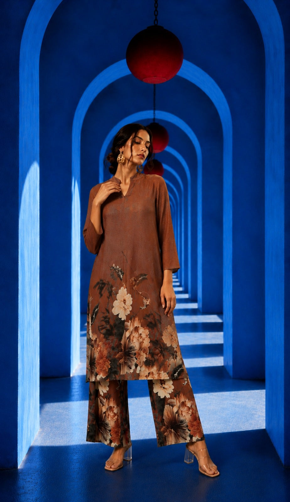 Flowering Ivy Tunic Co-ordinated With Flared Plazzo Tan