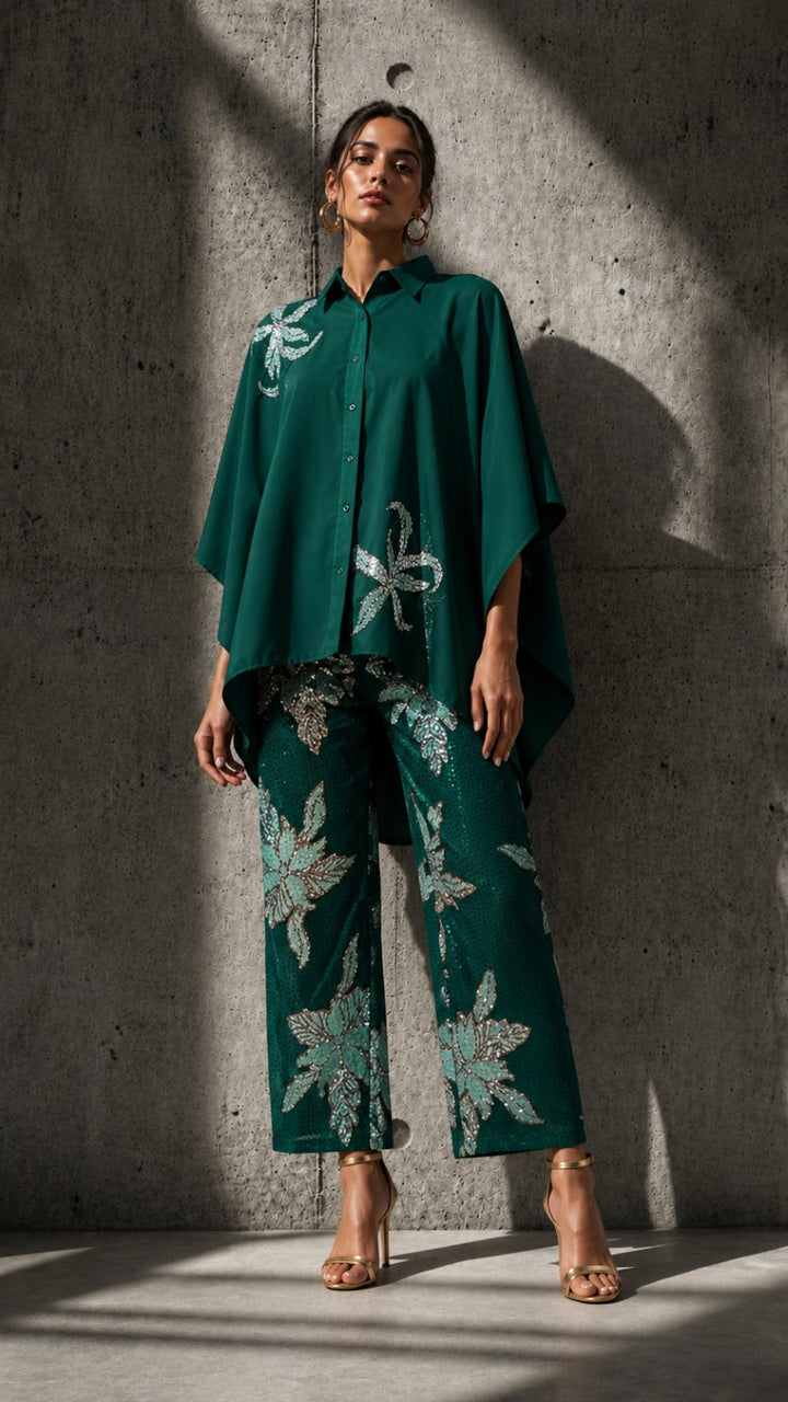 Bianca Borage Sequins Cape Set - Emerald Green