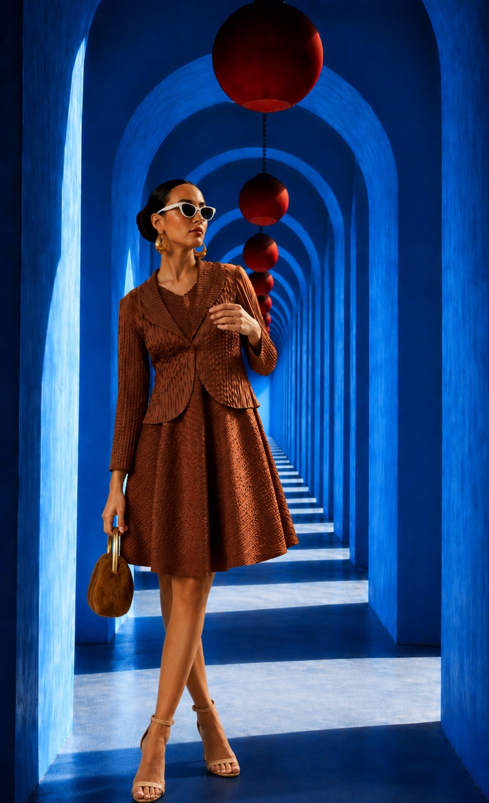 Zouave Pleated Smoked Dress with Bolero Jacket - Fawn