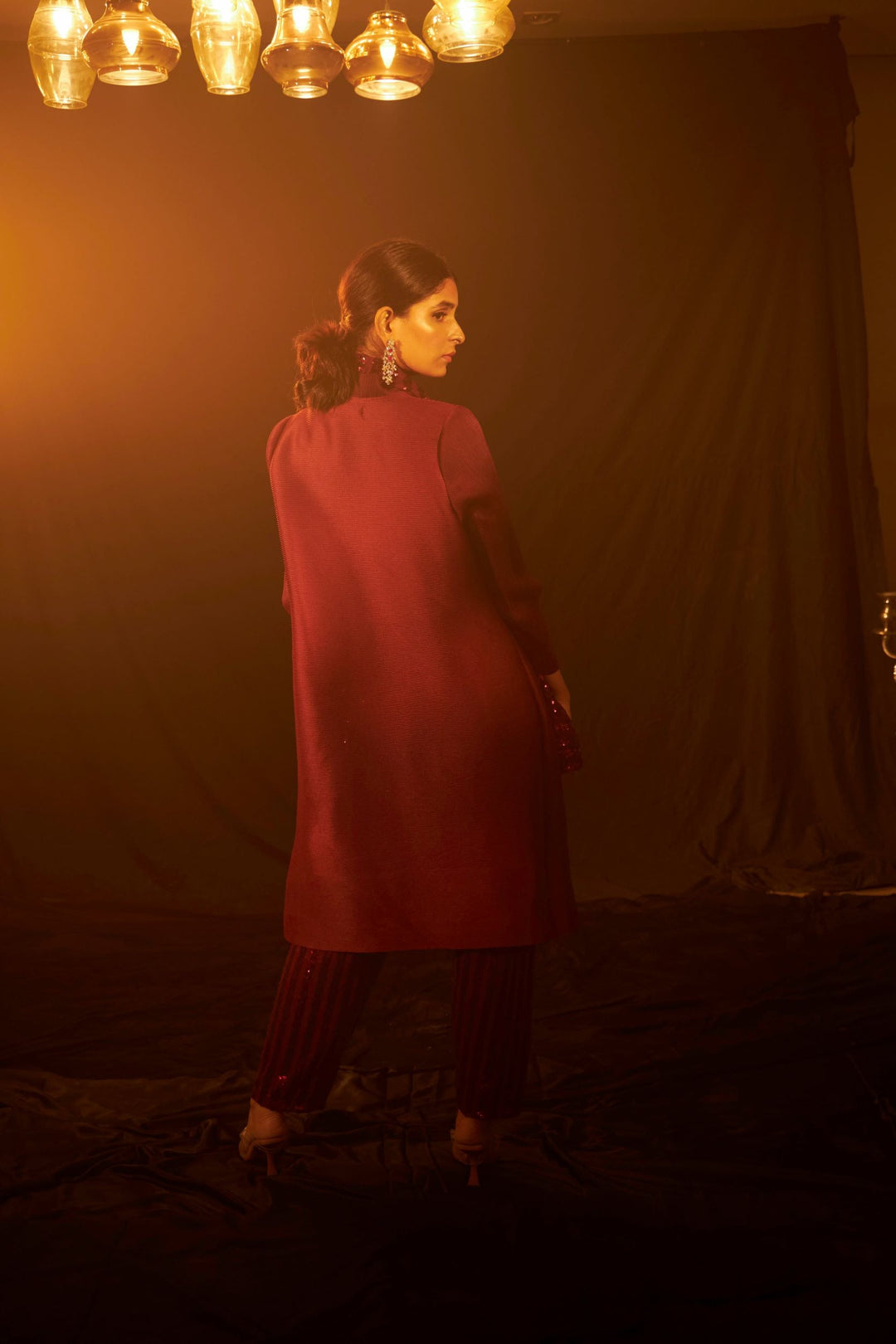 Bandgala Tunic Set with Seq Pant and Seq Scarf - Maroon