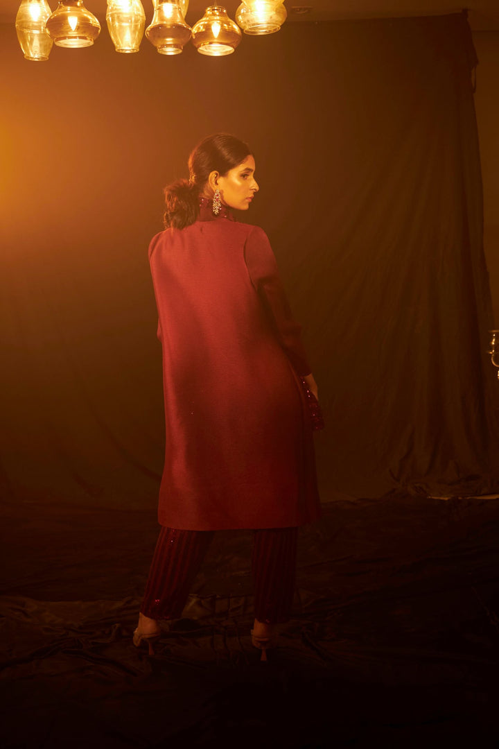 Bandgala Tunic Set with Seq Pant and Seq Scarf - Maroon