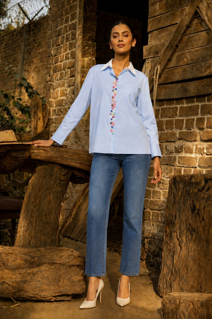 Betty Button Me Down Shirt - Powder Blue